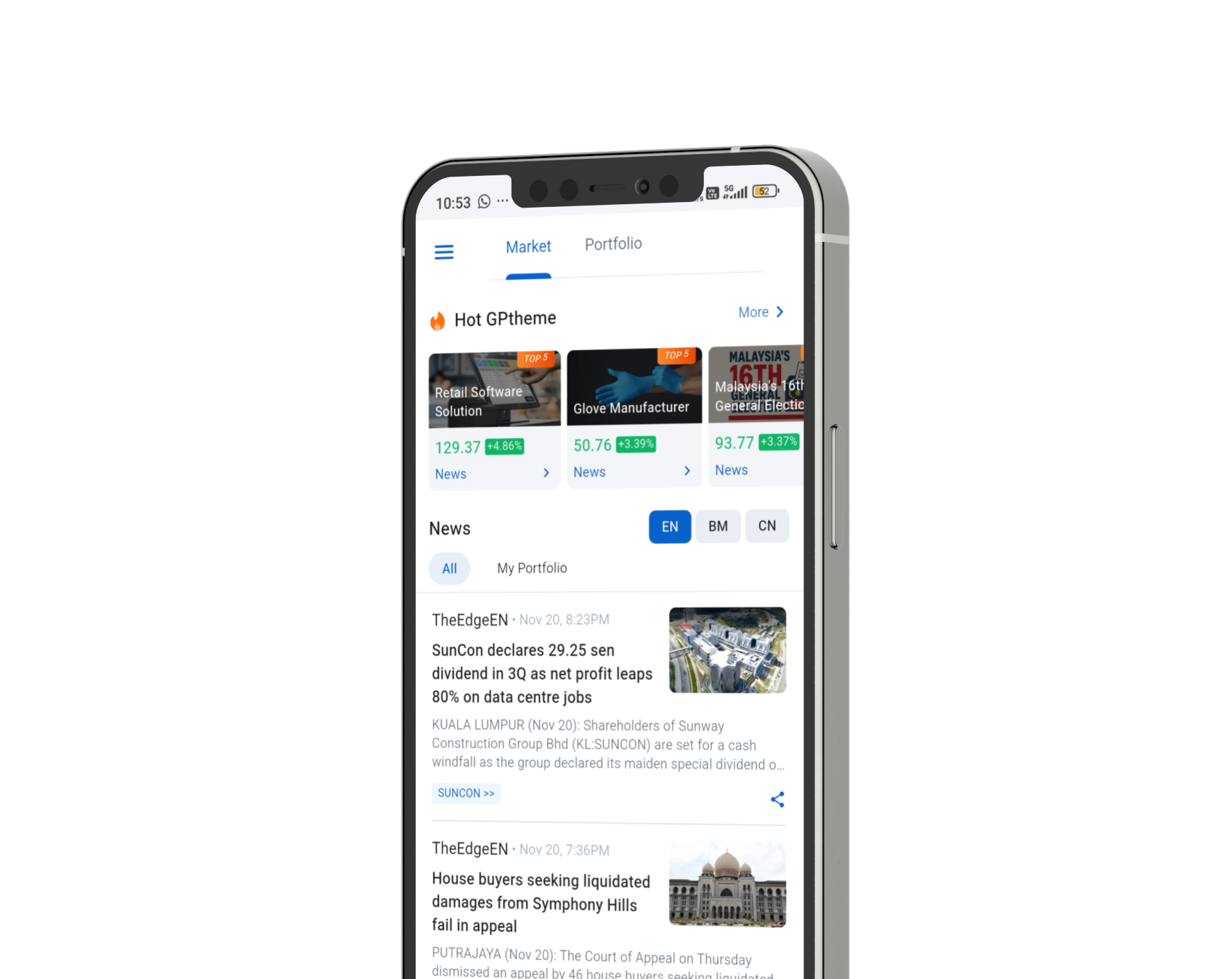 App interface on a phone mockup